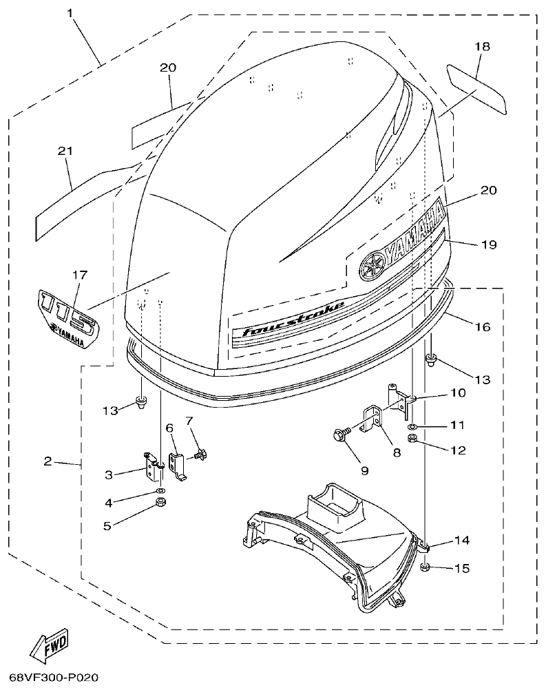 Yamaha F115A, FL115A, FL115AET TOP COWLING parts diagram